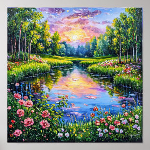 Poster Rivière avec paysage artistique de fleurs en fleur