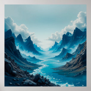 Poster Rivière bleue sereine coulant au milieu d'une mont