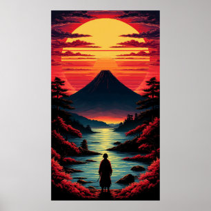 Poster Rivière du coucher de soleil avec volcan