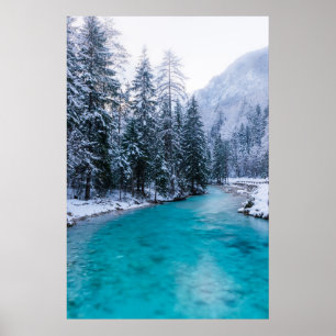 Poster Rivière magique en forêt d'hiver enchantée