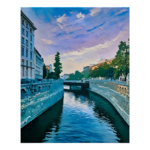 Poster Rivière pittoresque traversant la ville au coucher