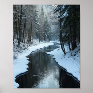 Poster Rivière sereine d'hiver coulant à travers une forê