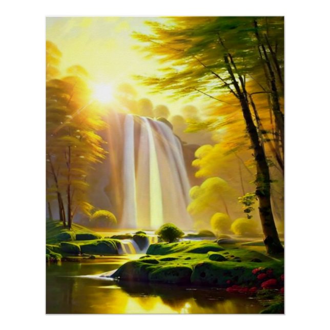 Poster Rivière Sunrise Waterfall Trees. Beau Paysage (Devant)