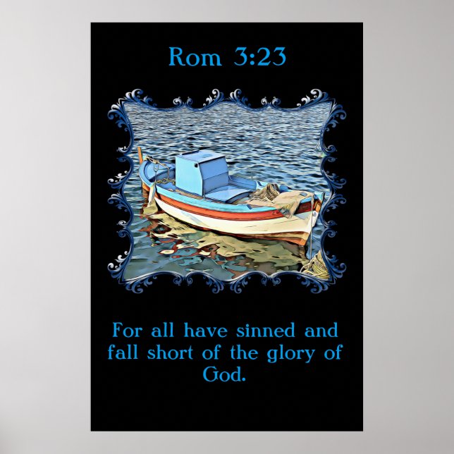 Poster Rm 3:23 avec un vieux bateau dans l'océan calme. (Devant)