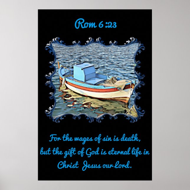 Poster Rm 6:23 avec un vieux bateau dans l'océan calme. (Devant)
