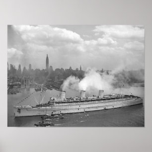 Poster RMS Queen Mary arrivant dans le port de New York