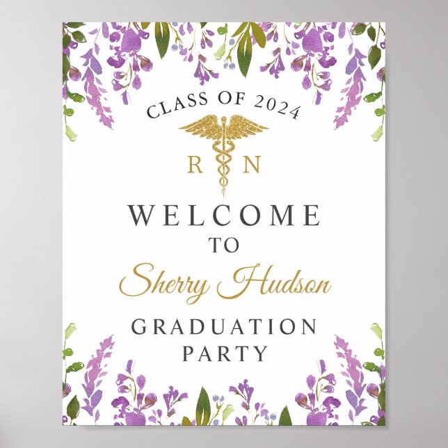 Poster RN Nursing Graduation Purple Floral Welcome (Devant)