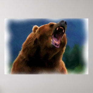 POSTER ROARING GRIZZLY BEAR