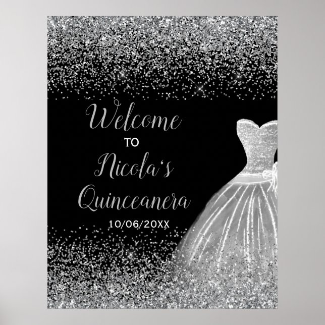 Poster Robe Argent Faux Parties scintillant Quinceanera B (Devant)
