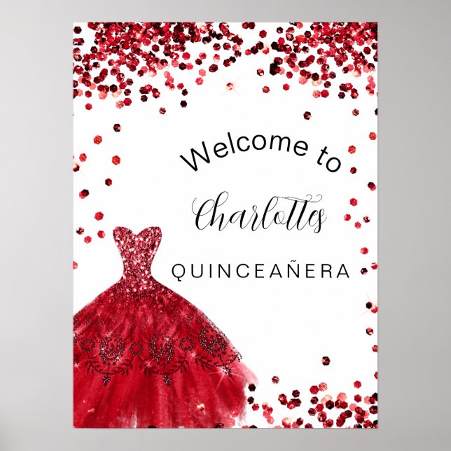 Poster Robe blanche de Quinceanera rouge parties scintill (Devant)