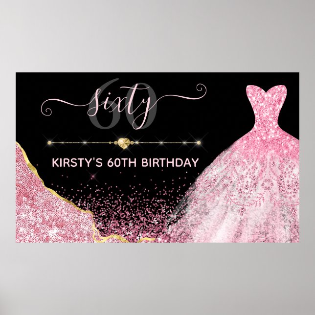 Poster Robe d'aquarelle rose et bordure de glam Anniversa (Devant)