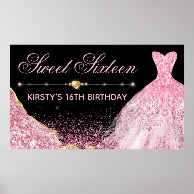 Poster Robe d'aquarelle rose et bordure de glam Sweet 16 (Devant)