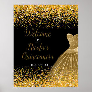 Poster Robe dorée Faux Paillettes Quinceanera Bienvenue