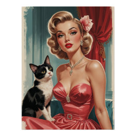 Poster Robe rose blonde avec chat noir et blanc