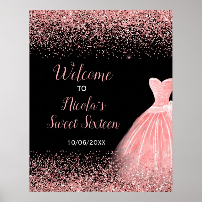 Poster Robe rose rose Faux Parties scintillant Sweet 16 B (Devant)