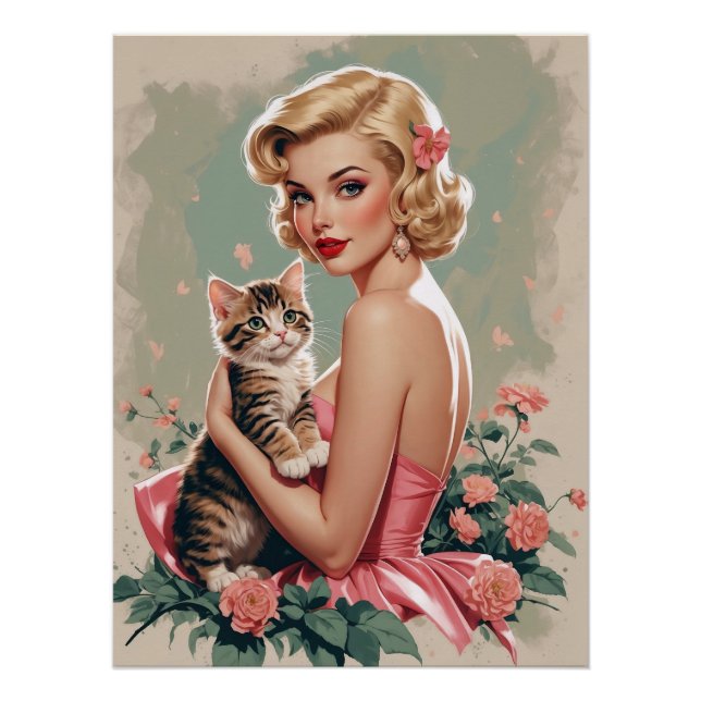 Poster Robe rouge et chatte mignonne (Devant)