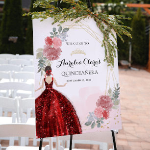 Poster Robe rouge Floral Geometry Quinceañera Anniversair