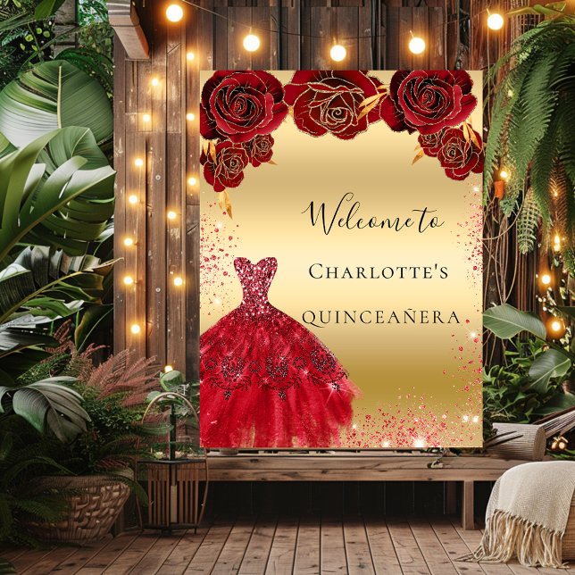 Poster Robe rouge Quinceanera or accueil fleuri (Créateur téléchargé)
