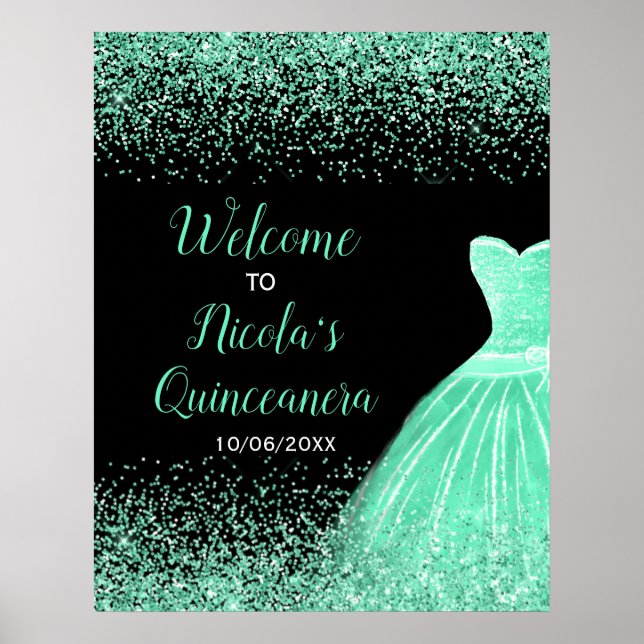 Poster Robe verte Mint Faux Parties scintillant Quinceane (Devant)