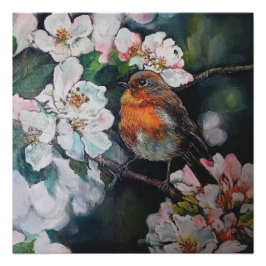 Poster Robin aux fleurs de cerisier
