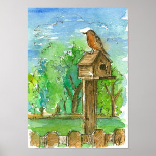 Poster Robin Birdhouse Country Watercolor Landcape