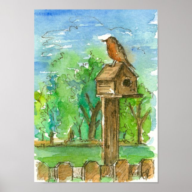 Poster Robin Birdhouse Pays Aquarelle Paysage (Devant)