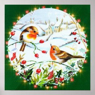 Poster Robin d'oiseaux Couple Holly d'hiver Noël