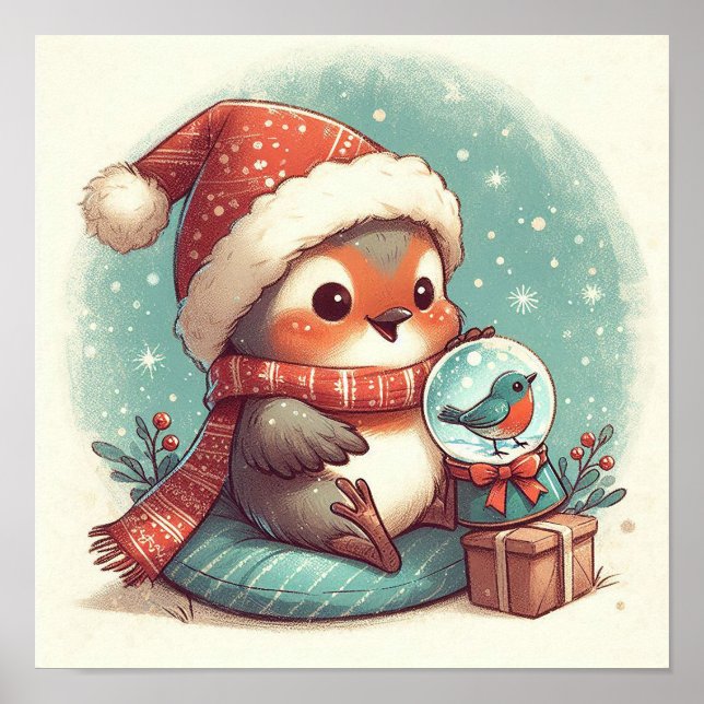 Poster Robin mignon Avec Snowglobe Kids Room Wall Art (Devant)