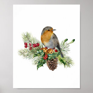Poster Robin, pin, sucres de canne, poinsettia Noël