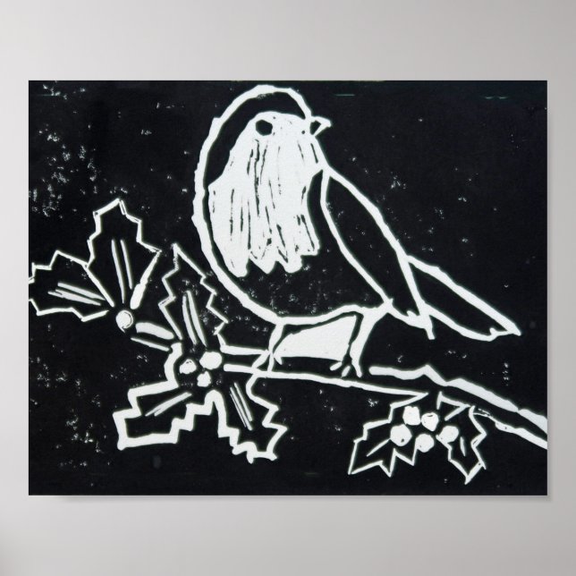 Poster Robin rouge de Noël avec Holly en noir et blanc (Devant)