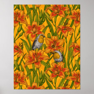Poster Robins et fleurs de lys, orange et vert
