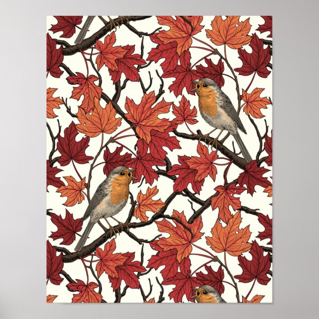 Poster Robins in maple tree on off white (Devant)