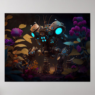 Poster Robot à fleurs violettes et yeux brillants