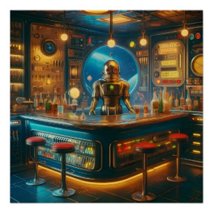 Poster Robot Barman dans le bar interstellaire démodé de