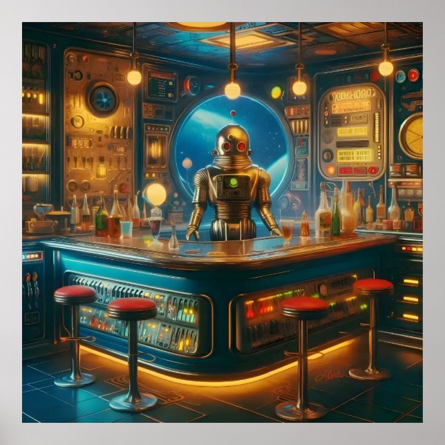 Poster Robot Bartender in Interstellar Space Age Dive Bar (Devant)