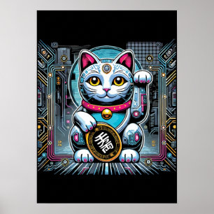 Poster Robot Cyberpunk Maneki Neko Chat Lucky, Argent