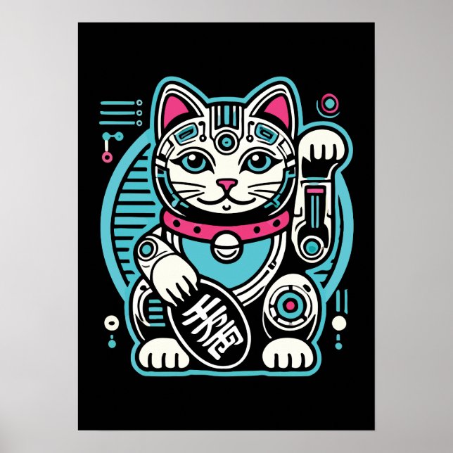 Poster Robot Cyberpunk Maneki Neko Chat Lucky, Argent (Devant)