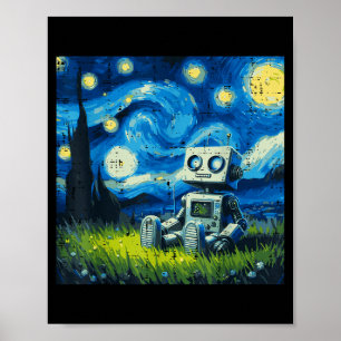 Poster Robot Nuit Étoilée Dessin Drôle Art Meme Enfants M