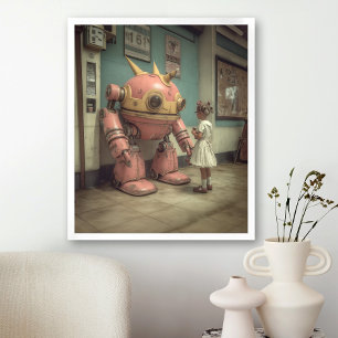 Poster Robot rose jeune fille illustration vintage rétro