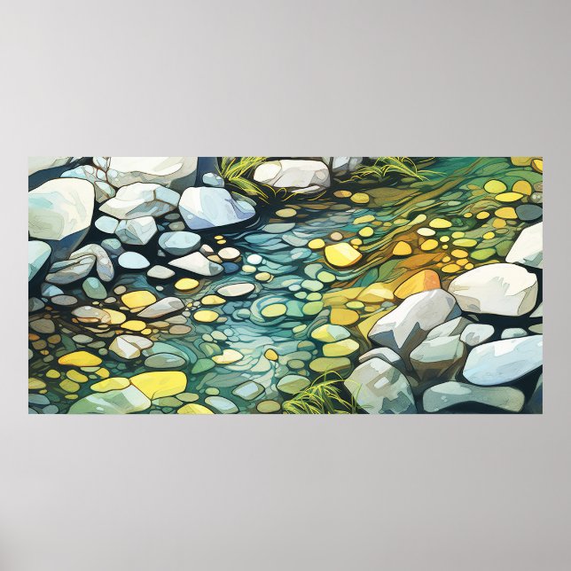 Poster Roches fluviales peinture abstraite aquarelle (Devant)
