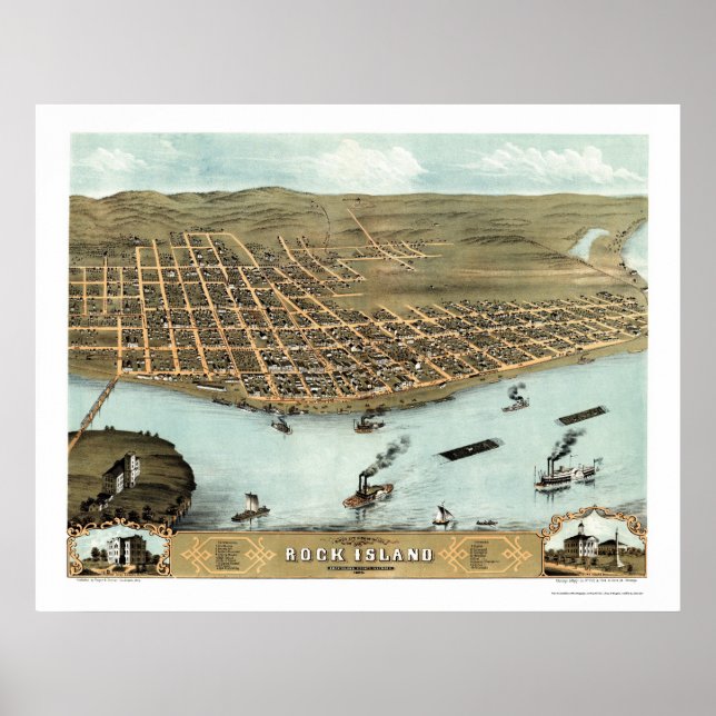 Poster Rock Island, IL Carte panoramique - 1869 (Devant)
