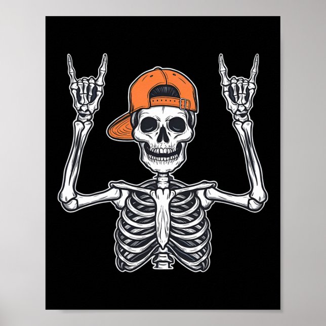 Poster Rocker Skeleton Casquette Halloween Rock Hommes ga (Devant)
