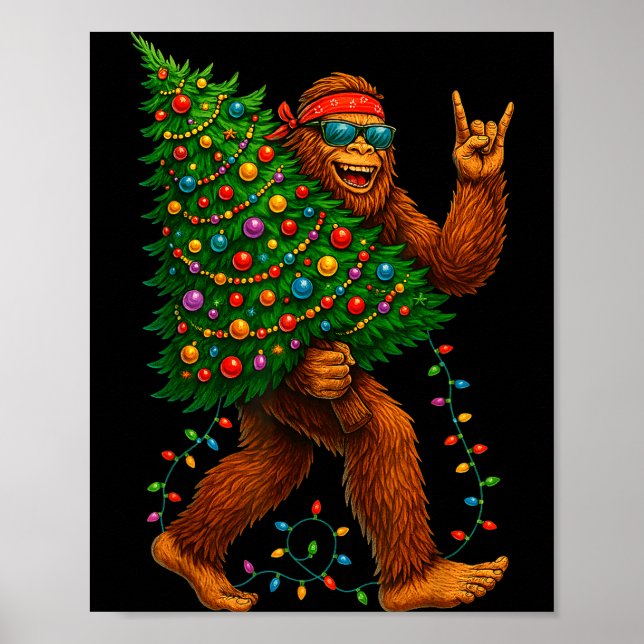 Poster Rockin Christmas Bigfoot Carrying Tree Fun Xmas Ro (Devant)