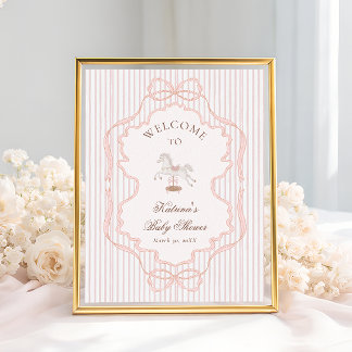Poster Rocking Horse Vintage Pink Baby Shower Welcome