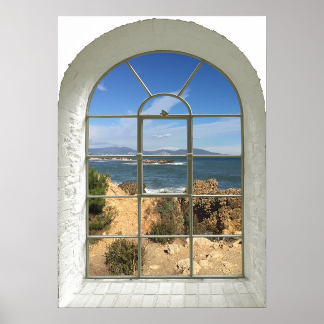Poster Rocky Beach Ocean Vue courbe Fake Window (Devant)