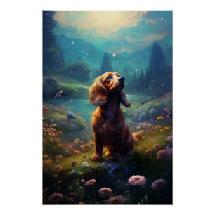 Poster Rococo Dachshund Explorant Un pré