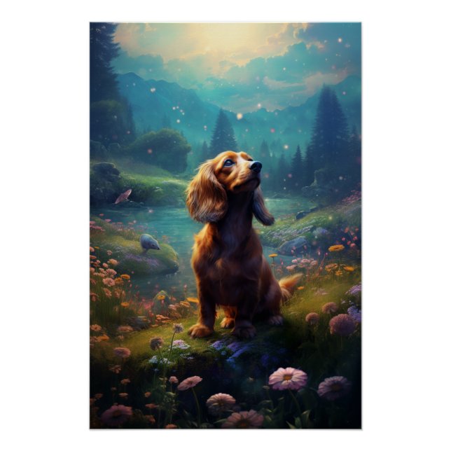 Poster Rococo Dachshund Explorant Un pré (Devant)