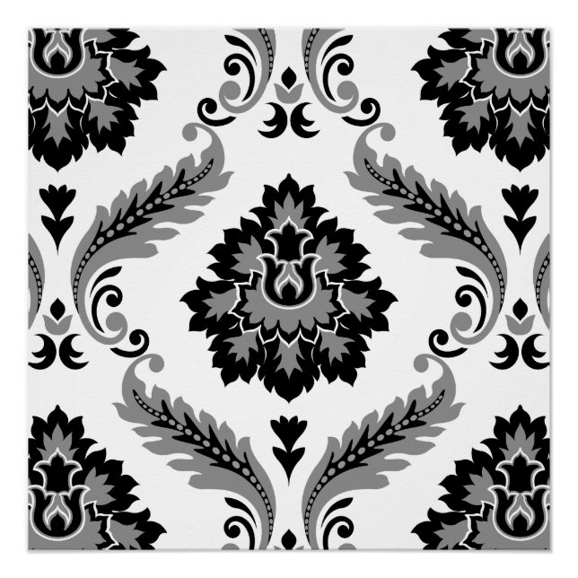 Poster Rococo Damask Lg Pattern Grey Black White (Devant)
