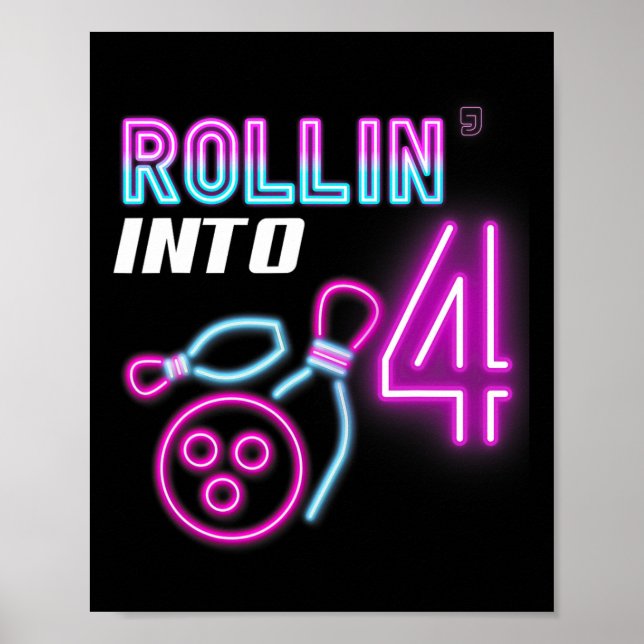 Poster Rollin' Into 4 Anniversaire Party Bowling Annivers (Devant)