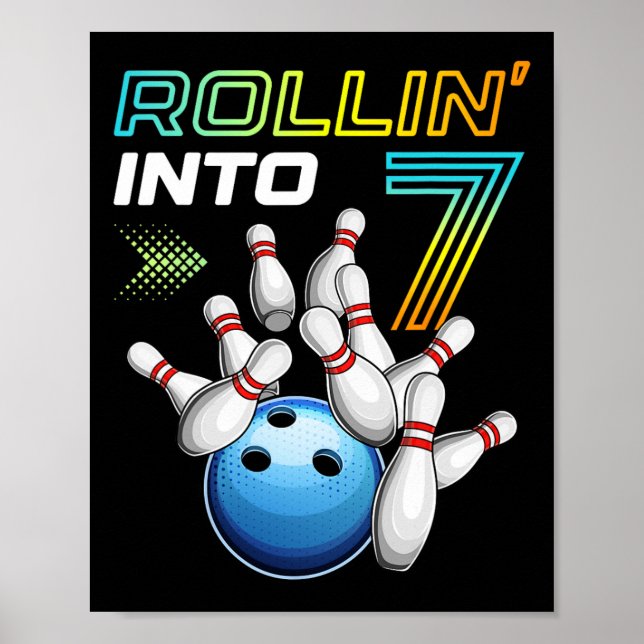 Poster Rollin Into 7 Retro Bowling Annithday Party 7th Bi (Devant)